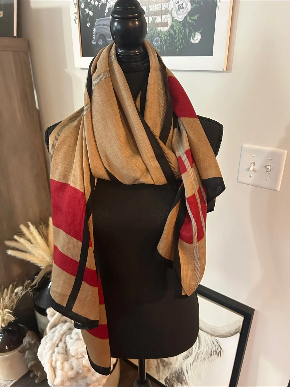 Classic Plaid Wrap Shawl - Tan & Red